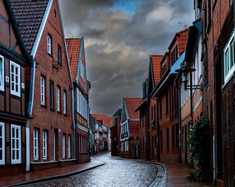 Moody European Street Photography Print – Historic Cobblestone Alley Wall Art, Rainy Day Architecture Photo