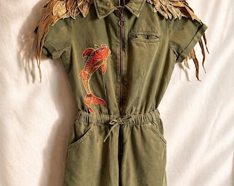 Olive Green Romper – Hand-Embellished Koi Fish, Gold Leaf Shoulders, Statement Wearable Art