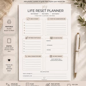 May include: A white A4 life reset planner page featuring sections for areas to reset, goals, routines, and daily reflections. The text includes 'CLARIFY YOUR DREAMS', 'MY LIFE RESET PLANNER', and 'INSTANT DOWNLOAD'. A white pen is placed on the right side.