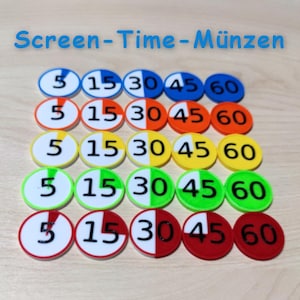 Könnte beinhalten: Eine Sammlung farbenfroher, kreisförmiger Token mit Zahlen, die Zeitintervalle angeben. Jeder Token ist in zwei Farben unterteilt und zeigt die Zahlen 5, 15, 30, 45 und 60. Der Text "Screen-Time-Münzen" ist über den Token zu sehen.