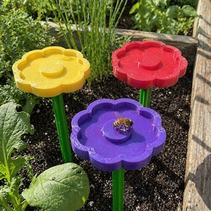 Könnte beinhalten: Drei farbenfrohe, blütenförmige Bienenwassertränken in einem Garten. Die Blumen sind gelb, rot und lila, jede mit einem grünen Stiel. Eine Biene sitzt auf der lila Blume. Das Gartenbeet hat dunkle Erde und grüne Pflanzen.