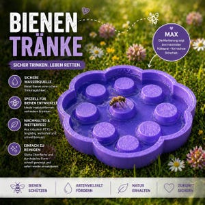 Könnte beinhalten: Eine violette, blütenförmige Bienen-Tränke mit strukturierter Oberfläche und erhöhten runden Plattformen als Landeplätze für Bienen. Das Becken ist mit Wasser gefüllt und eine Biene sitzt auf einer Plattform. Der Schriftzug MAX ist eingeprägt.