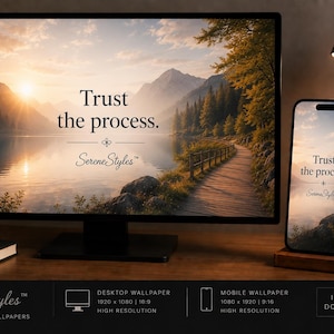 May include: A computer monitor and a smartphone displaying a digital wallpaper of a lake at sunset with mountains and a path. The text "Trust the process." and "SereneStyles" are visible on both screens. The image includes desktop and mobile icons.