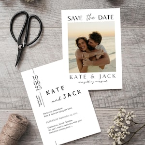 Blush roze grijs klassieke minimale Save the Date-kaart, DIY bewerkbare moderne digitale canvassjabloon, polaroid fotokaart, She's Bindend de knoop