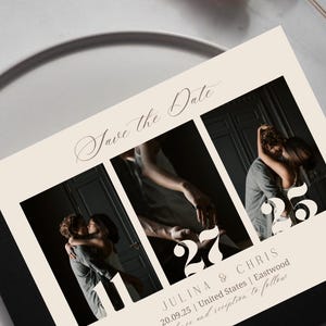 Beige minimalistische Save the Date-kaart, bewerkbare canva-sjabloon, polaroid-fotokaart, moderne uitnodiging, direct downloaden, She's Bindend de knoop