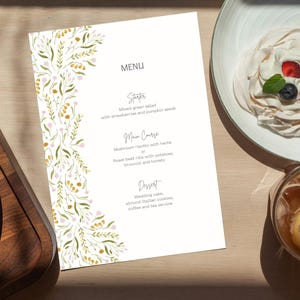 Floral Wedding Menu Template, Editable Canva Dinner Card, 5x7 Pastel Wedding Reception Menu, Minimalist Bridal Shower Invitation Card, WM-1