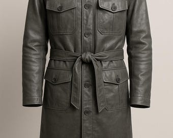 Men's Grey Leather Trench Coat-Real Sheepskin Leather Raincoat For Men-Men's Leather Long Coat-Men's Casual Long Leather Jacket-Gift For Men