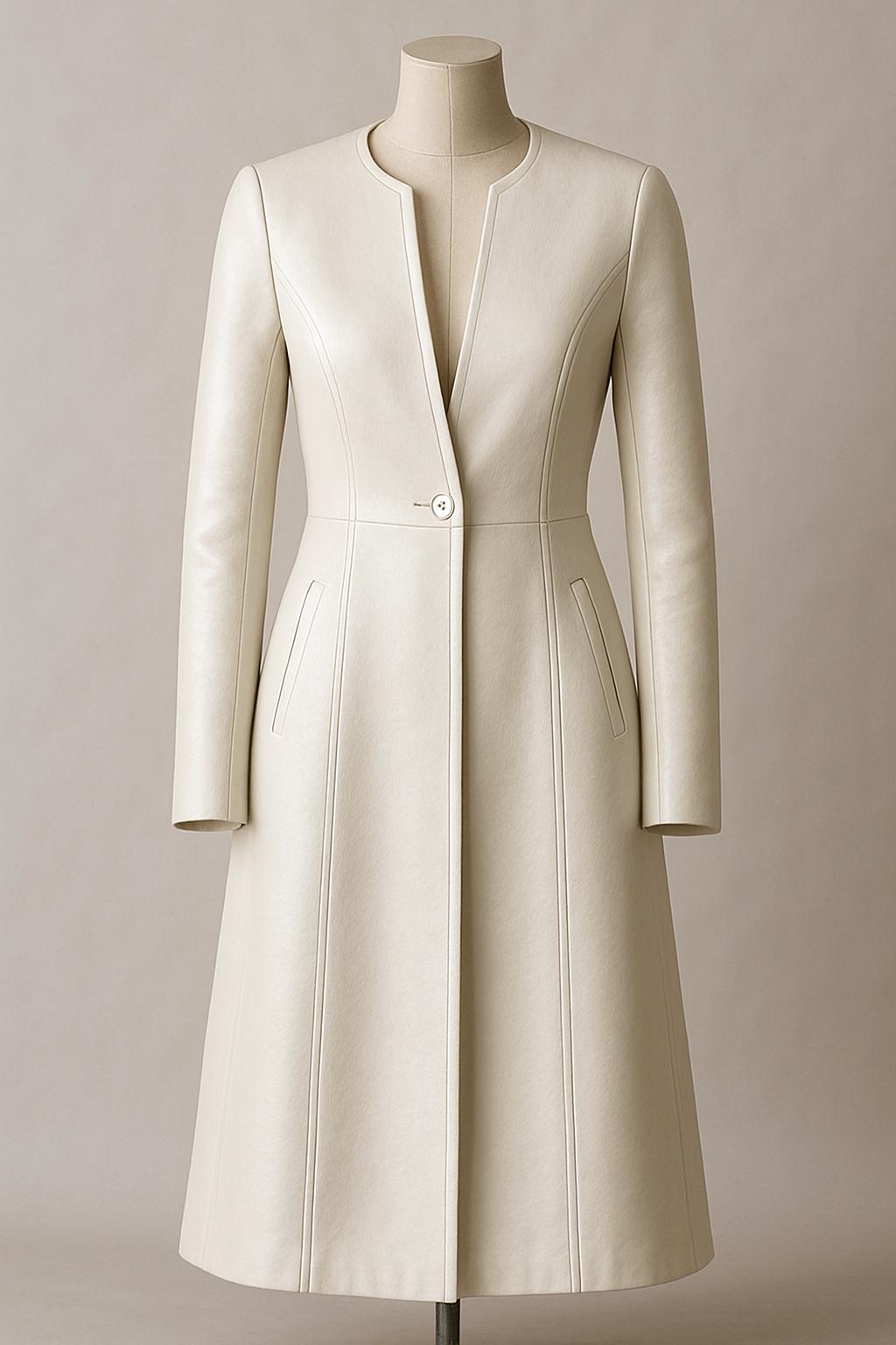 thumbnail image 2 of VENICE Ladies Real Leather White Trench Coat - Belted Long Jacket, Classic Business Casual Style 2 of 4