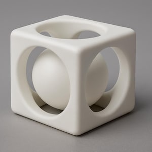 May include: A white, geometric sculpture featuring a sphere encased within a cube. The cube has rounded edges and circular cutouts on each side, allowing the sphere to be partially visible. The minimalist design is set against a grey backdrop.