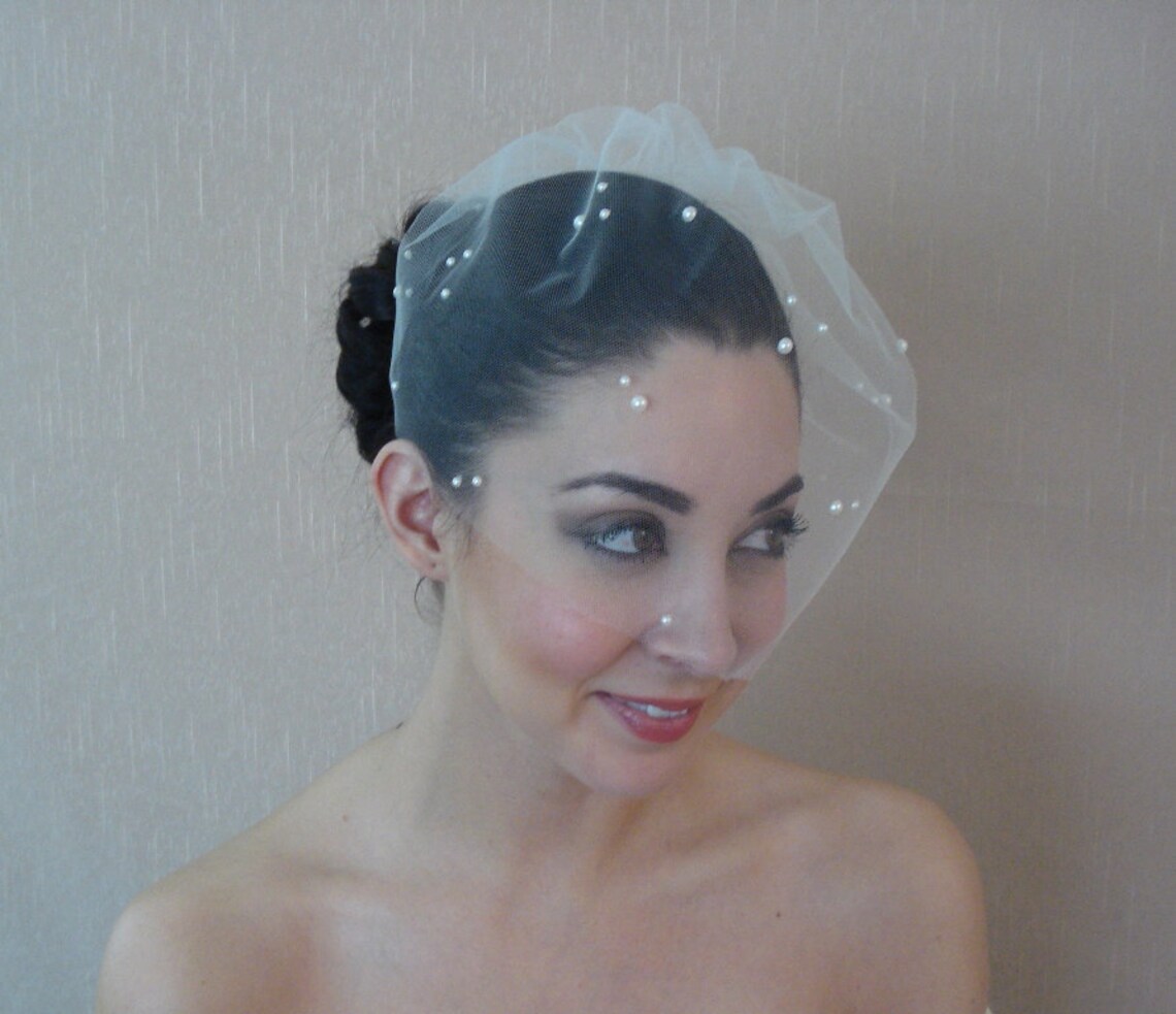 Tulle Birdcage Veil Adorned With Flat Back Pearls Tulle in Etsy