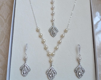 Boucles d'oreilles de mariée en cristal de perles Swarovski, collier, bracelet, bijoux de mariage blanc ivoire, champagne, chaîne en argent sterling, livraison en 1-3 jours