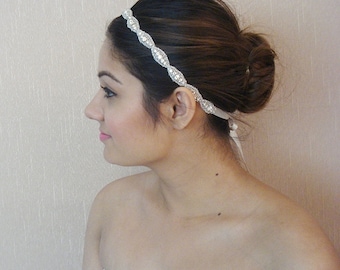 Bridal Rhinestone Headband, Wedding Crystal Trim, 100% Pure Silk Satin Ribbon Wedding Jewelry Headpiece - Layla - Ships in 1-3 Business Days
