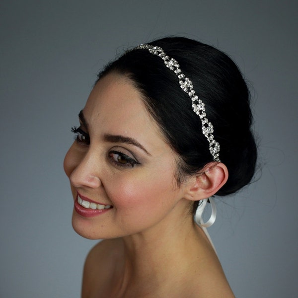 Bridal Crystal Headband Wedding Hair Jewelry Headpiece Attached to Pure Silk Satin Ribbon in Ivory White Black - ships in 1-3 Business Days