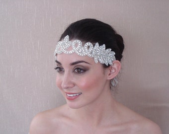 Bridal Rhinestone Headband Wedding Headpiece Attached to a Pure Silk Satin Ribbon in Ivory, White, or Black - Will ship in 1-3 Business Days