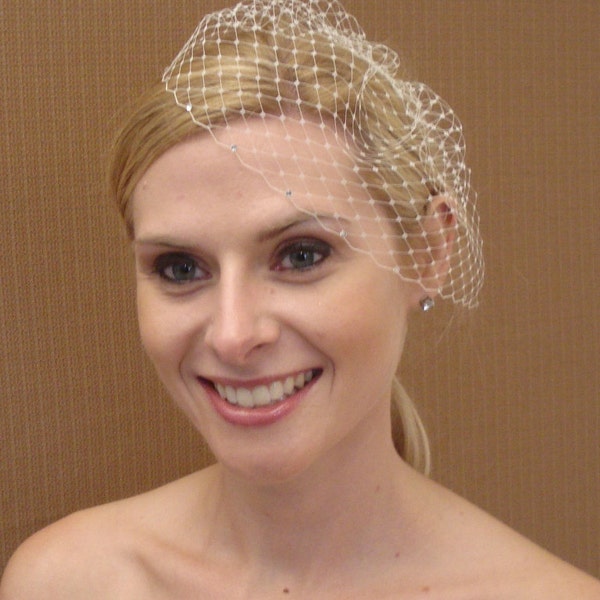 Small Bridal French / Russian Birdcage Veil With Swarovski Rhinestone Edge in Ivory or White - READY TO SHIP in 1-3 Business Days