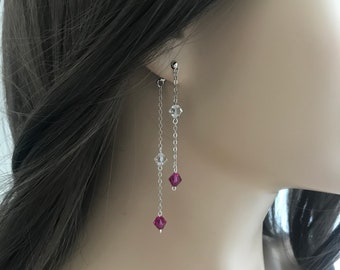 Swarovski Fuchsia Crystal Earrings Sterling Silver Chain and Posts Long Earrings Wedding Jewelry - Ships in 1-3 Business Days