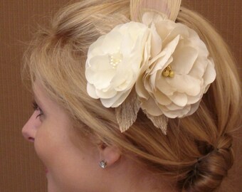 Bridal Double Flower Silk Fascinator in Ivory Champagne and Gold with Champagne Peacock Feathers Eye - Ready to Ship