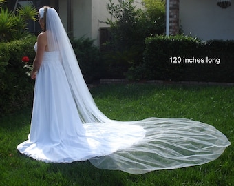 Cathedral Length One Tier Bridal Veil 120 inches Clean Cut Edge light Ivory, Off-white, White - READY TO SHIP in 2-5 Business Days