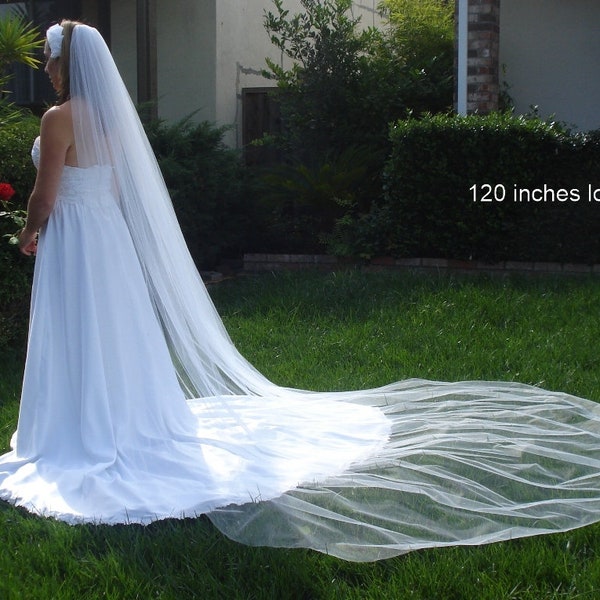 Cathedral Length One Tier Bridal Veil 120 inches Clean Cut Edge light Ivory, Off-white, White - READY TO SHIP in 2-5 Business Days