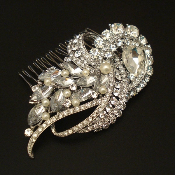 Peigne de mariée en strass de style vintage avec perles Swarovski ivoire ou blanches ou sans perles - Expédition en 1-3 jours ouvrables