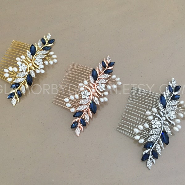 Wedding Sapphire Blue Crystal Freshwater Pearls Hair Comb Green Red Aquamarine gray black blue opal Rose Gold Silver Gold Wedding Jewelry