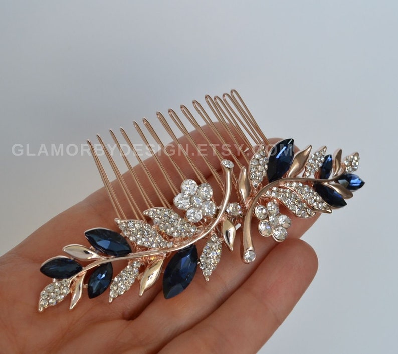 Bridal Sapphire Blue Crystal Hair Comb Green Red Purple Aquamarine gray black Rose Gold Silver Gold Wedding Jewelry Ship 1-3 Business Days image 2