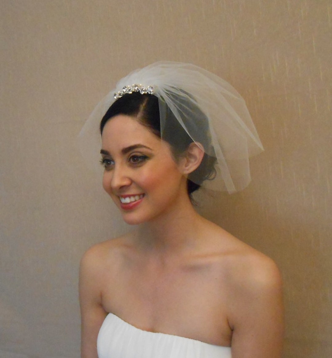 Two Tier Tulle Birdcage Veil With Rhinestone Piece Embellished With Swarovski Pearls on Comb