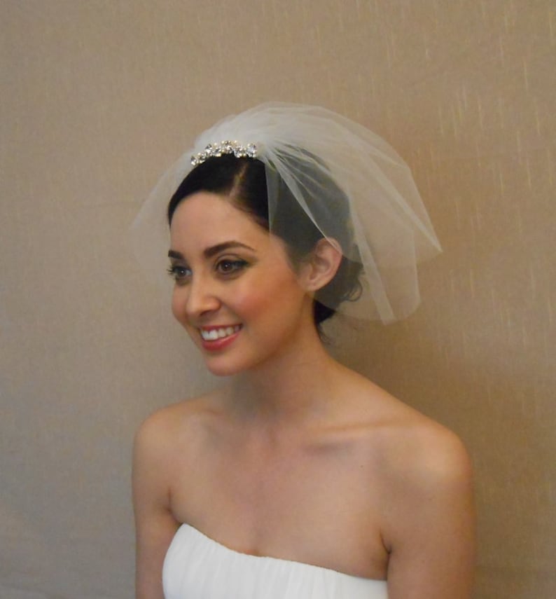 Two tier tulle birdcage veil with rhinestone piece embellished with Swarovski pearls on comb Ready to ship in 3-5 Business Days image 1