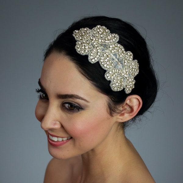 Wedding Rhinestone Headpiece Attached to Combs Silk Ribbon Alligator clips Bridal Crystal Applique - Ships in 1-3 Business Days