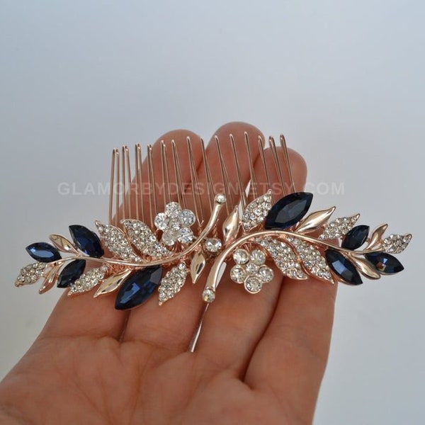 Bridal Sapphire Blue Crystal Hair Comb Green Red Purple Aquamarine gray black Rose Gold Silver Gold Wedding Jewelry Ship 1-3 Business Days