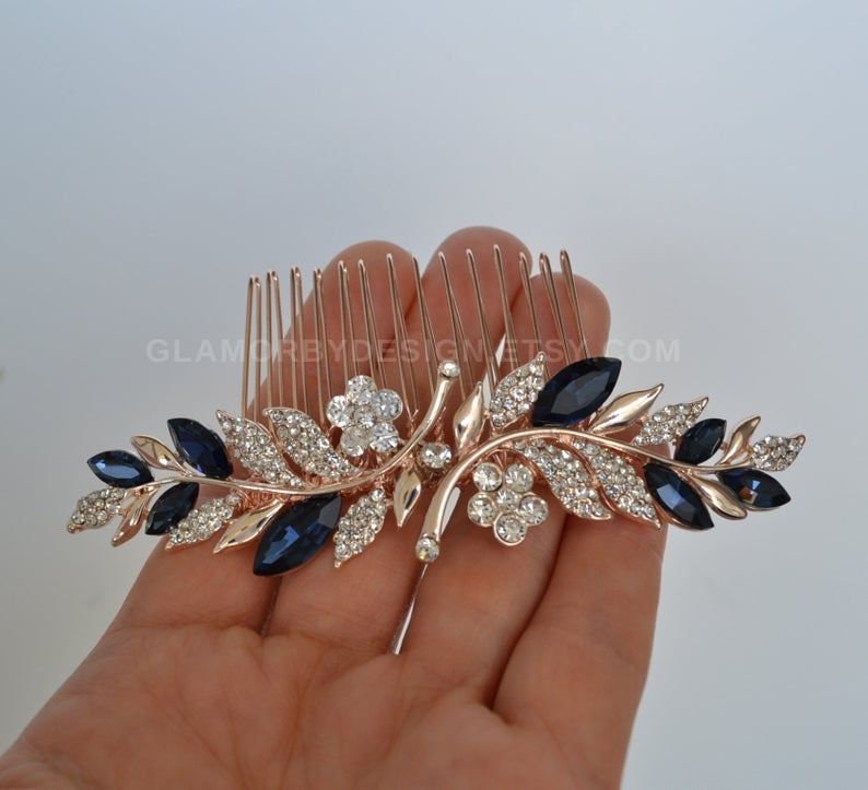 Bridal Sapphire Blue Crystal Hair Comb Green Red Purple Aquamarine gray black Rose Gold Silver Gold Wedding Jewelry Ship 1-3 Business Days image 1