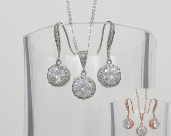 Bridal Cubic Zirconia Jewelry Set, Earrings Necklace, Sterling Silver Chain, Rose Gold Filled, Ear Wires  Sydney Set