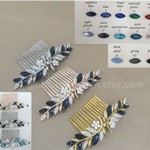 Bridal Sapphire Blue Crystal Hair Comb Green Red Purple Aquamarine gray black Rose Gold Silver Gold Wedding Jewelry Ship 1-3 Business Days image 3