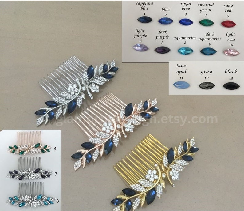 Bridal Sapphire Blue Crystal Hair Comb Green Red Purple Aquamarine gray black Rose Gold Silver Gold Wedding Jewelry Ship 1-3 Business Days image 3