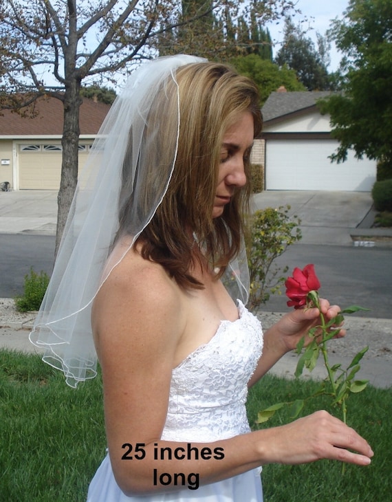 New Ivory/White 2 Tier Waist Length Veil Pencil Edge Bridal Wedding Crystals Uk 