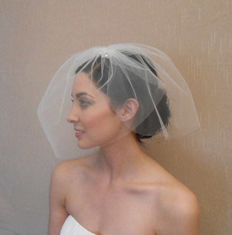 Two tier tulle birdcage veil with rhinestone piece embellished with Swarovski pearls on comb Ready to ship in 3-5 Business Days image 3