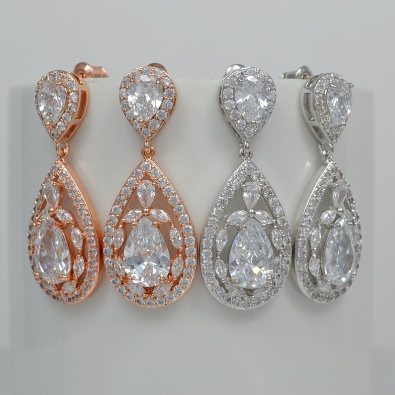Drop Stud Earrings Rose Gold Filled Chain Shelby- Ships in 1-3 Days 925 Sterling Silver Chain Cubic Zirconia Crystals Bridal Jewelry Set