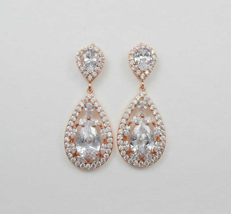 Drop Stud Earrings Rose Gold Filled Chain Shelby- Ships in 1-3 Days 925 Sterling Silver Chain Cubic Zirconia Crystals Bridal Jewelry Set