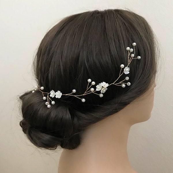 Silver, Gold Bridal Hair Vine Pearls Flowers Wedding Headpiece Headband Long Vine Hairpiece Hair Jewelry - Ships in 1-3 Business Days