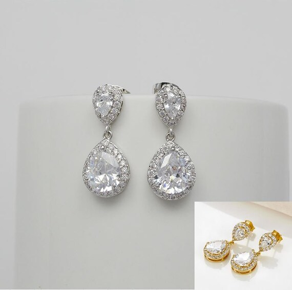 Teardrop Earrings Silver Gold Cubic Zirconia Crystals Bridal Etsy UK