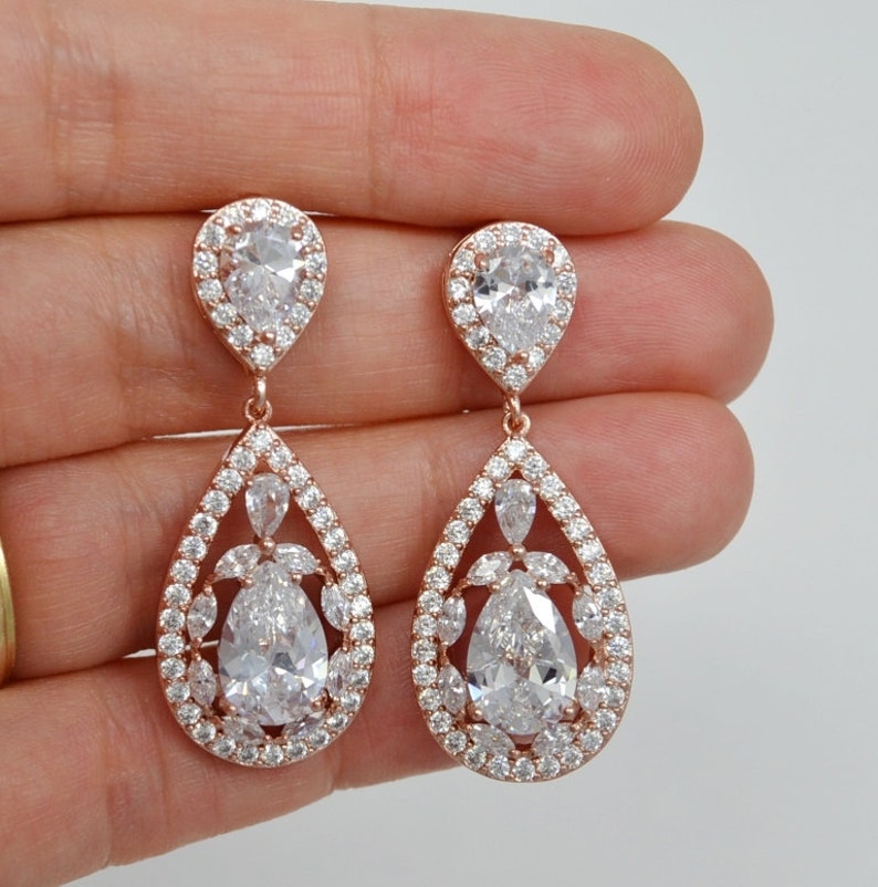 Drop Stud Earrings Rose Gold Filled Chain Shelby- Ships in 1-3 Days 925 Sterling Silver Chain Cubic Zirconia Crystals Bridal Jewelry Set