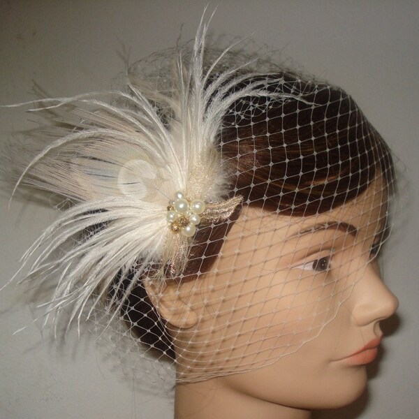 Ivory Feather Hair Fascinator Adorned With Ivory Pearls Gold Silk And Gold Tone Beads