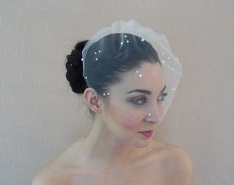 Tulle Birdcage Veil Adorned with Flat Back Pearls Swarovski Crystals Ivory White Off-White Cream Blush ships in 1-3 Business Days