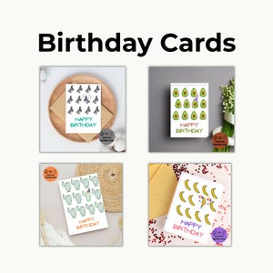Druckbare alles Gute zum Geburtstag Karten Digital Download Niedliche Avocado Banane Kaktus & Taube Designs Sofortiger Geburtstag Karte Set