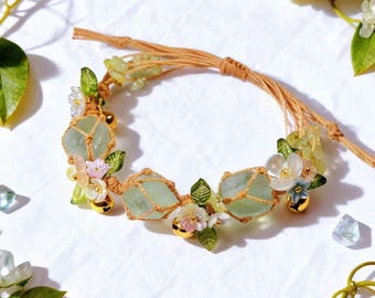 Fairycore Fluorite Bracelet with White Magnolia and Bells - Handmade Macrame Fairy Jewelry, Cottagecore Garden Nymph Aesthetic