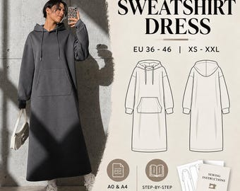 May include: A sewing pattern for a sweatshirt dress, featuring text reading SEWING PATTERN SWEATSHIRT DRESS EU 36-46 | XS-XXL. Includes line drawings of the front and back of the hooded dress with a kangaroo pocket, plus PDF and instruction icons.
