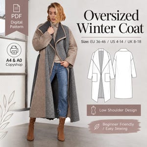 Op de afbeelding: Een digitaal naaipatroon voor een oversized winterjas met een tweekleurig ontwerp in beige en antracietgrijs. Het patroon bevat A4- en A0-formaten, met maten EU 36-46, US 4-14 en UK 8-18. Het toont een ontwerp met verlaagde schouderlijn.