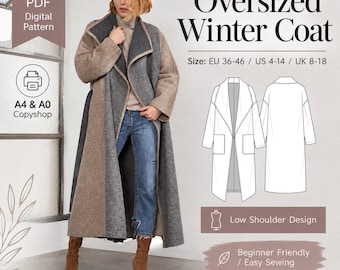 May include: A digital sewing pattern for an oversized winter coat, featuring a two-tone design in beige and charcoal gray. The pattern includes A4 and A0 formats, with sizing from US 4-14, EU 36-46, and UK 8-18. It highlights a low shoulder design.