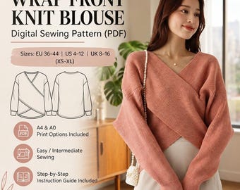 May include: A digital sewing pattern for a wrap front knit blouse. The image displays the text WRAP FRONT KNIT BLOUSE, Digital Sewing Pattern (PDF), and size ranges from US 4-12. It includes a line drawing of the blouse and icons for PDF, sewing, and instructions.