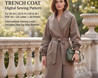 May include: A taupe trench coat with a wide lapel and a tie waist. The text reads: WIDE LAPEL TRENCH COAT Digital Sewing Pattern, EU 36-44 | US 6-14 | UK 8-16 | PDF A4 / US Letter + A0 Plotter, Intermediate Sewing Level | Includes Step-by-Step Booklet.